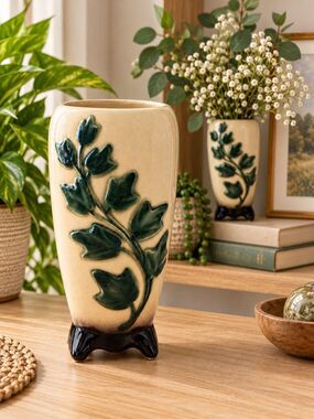 Vintage Royal Copley Green Ivy Leaf Ceramic Vase 7" Footed Ivory Pottery MCM